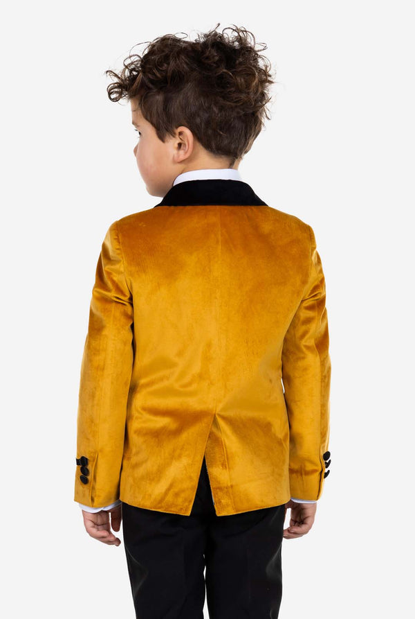 Kid wearing gold velvet dinner jacket for boys. View from the back.