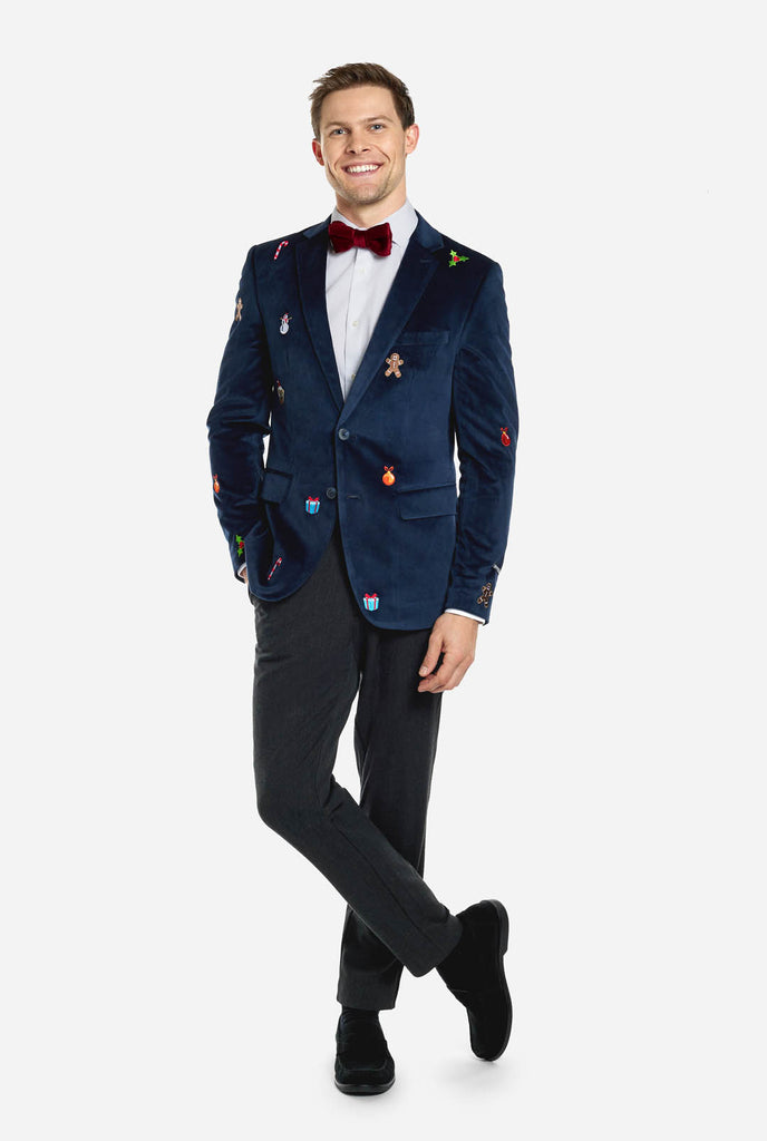 Man wearing navy blue Christmas blazer with Christmas embroidery