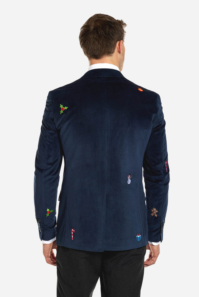 Man wearing navy blue Christmas blazer with Christmas embroidery, view from the back