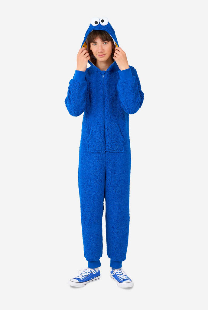 Kid wearing blue pluche Cookie Monster onesie