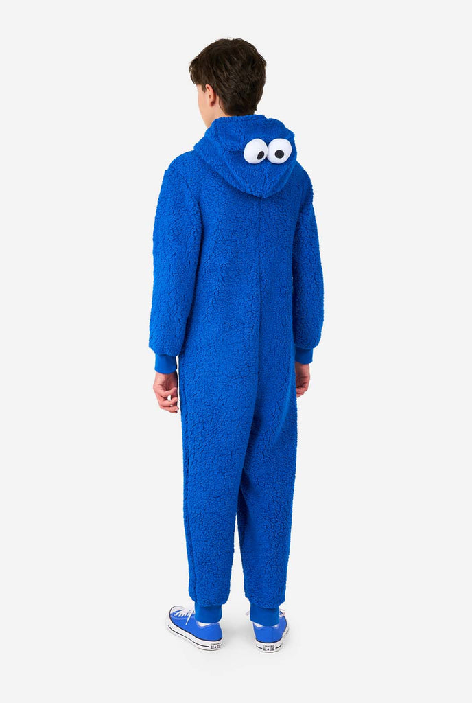 Kid wearing blue pluche Cookie Monster onesie, view from the back
