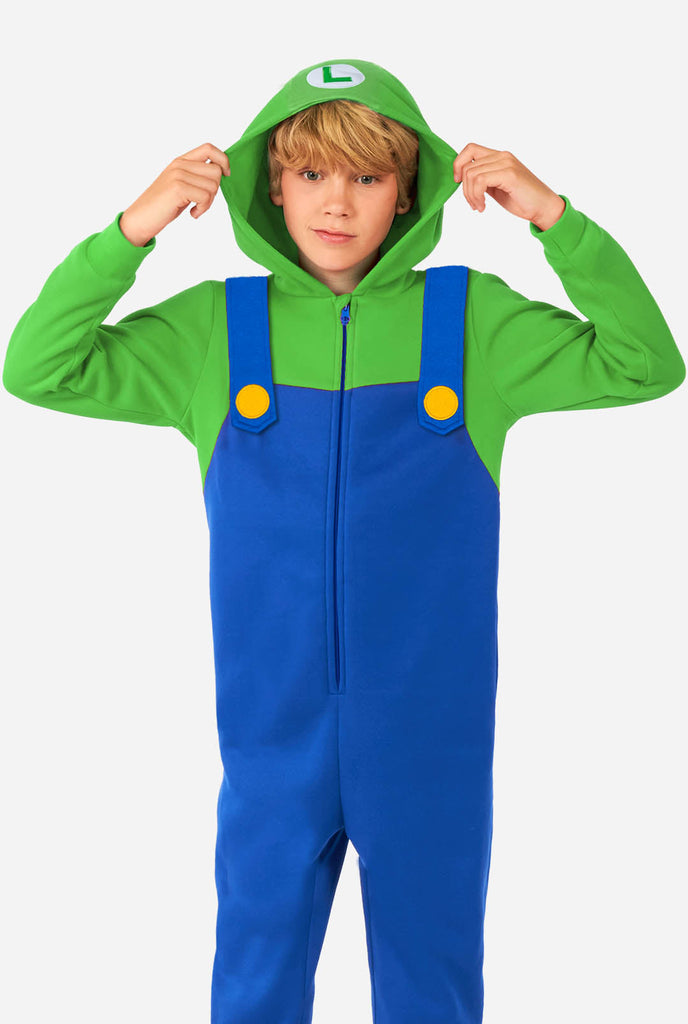 Boy wearing Kids Onesie with Luigi Super Mario print.