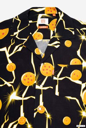 Image of black Hawaiian shirt with Dragon Ball Z print, showings Dragon Balls and lighting. Chest and collar close-up.