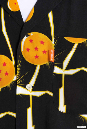Image of black Hawaiian shirt with Dragon Ball Z print, showing Dragon Balls and lightning. Close up chest.