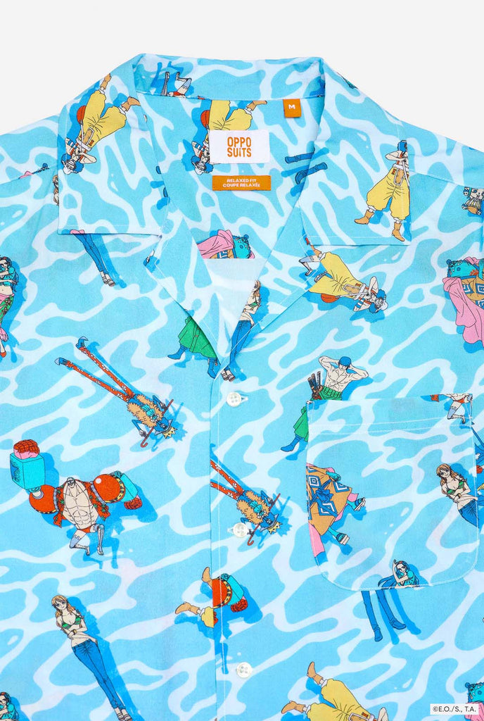 Blue Hawaiian shirt with One Piece character print. Collar close up.