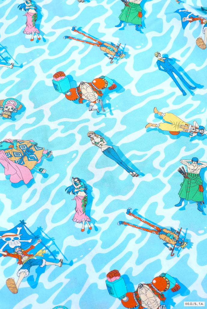 Blue Hawaiian shirt with One Piece character print. Close up.