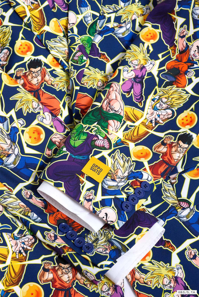 All over print men's suit with Dragon Ball Z print which shows the Dragon Ball characters. Suit consists of Blazer, pant and tie. Close up.