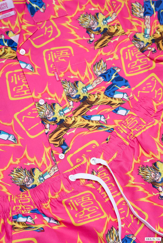 Image of pink summer set consisting of shirts and shorts. Summer set has Dragon Ball Z Goku and Vegeta fighting print.