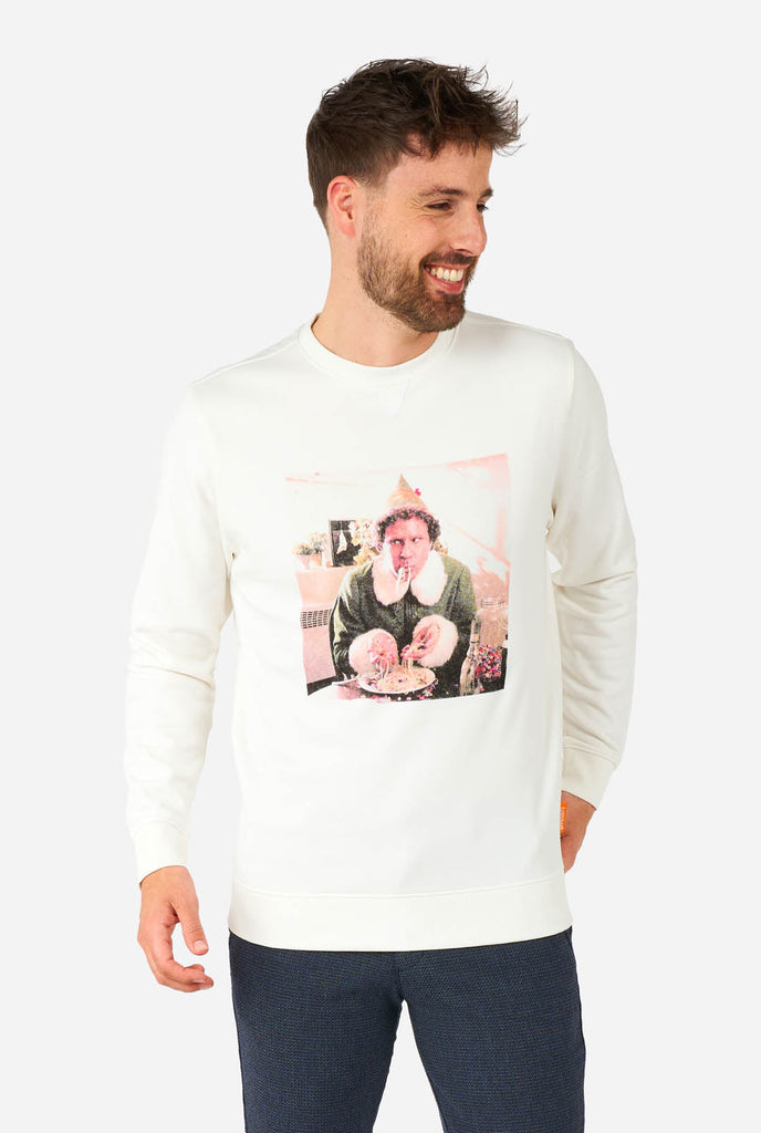 Man wearing white sweater with Elf Christmas image