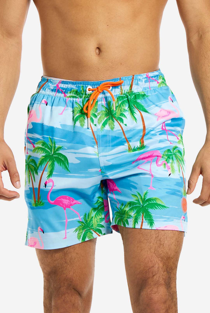 Man wearing Flaminguy swim trunks for men, close up