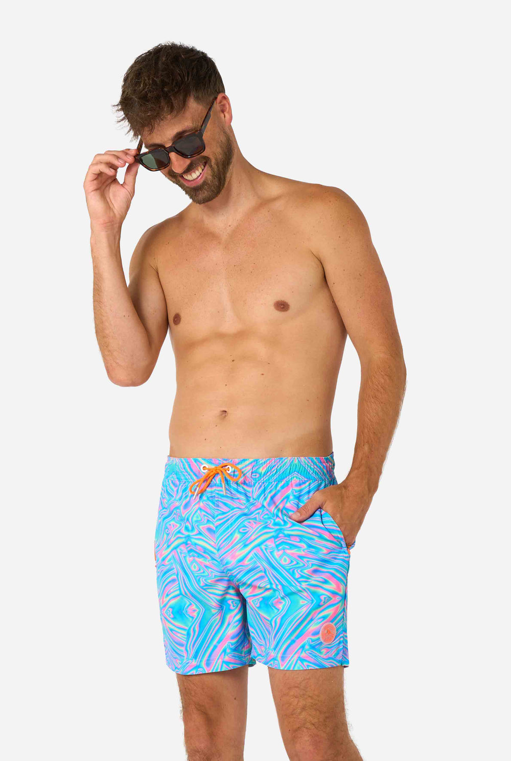 Men's vibrant holographic swim shorts with a mesmerizing blue, pink, and purple swirl design. Eye-catching and stylish swimwear for summer fun.