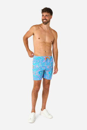 Men's vibrant holographic swim shorts with a mesmerizing blue, pink, and purple swirl design. Eye-catching and stylish swimwear for summer fun.