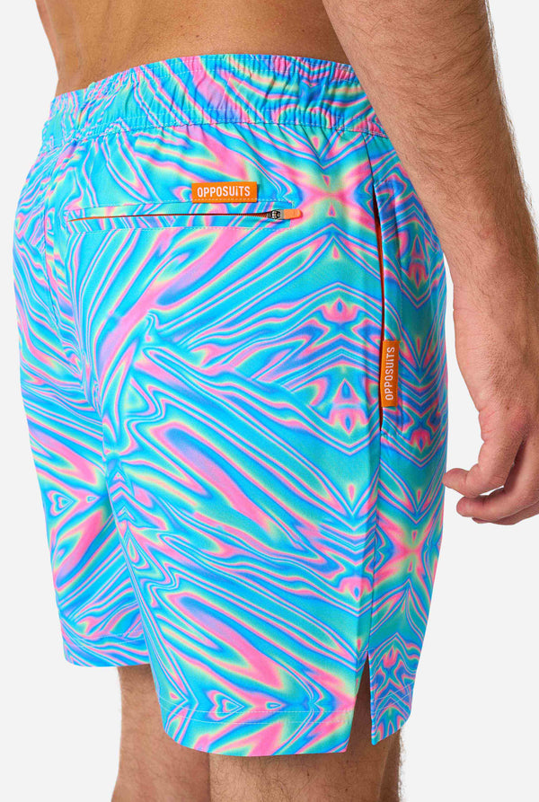 Men's vibrant holographic swim shorts with a mesmerizing blue, pink, and purple swirl design. Eye-catching and stylish swimwear for summer fun.