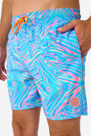 Men's vibrant holographic swim shorts with a mesmerizing blue, pink, and purple swirl design. Eye-catching and stylish swimwear for summer fun.