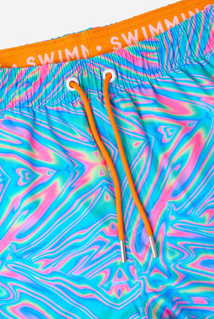 Men's vibrant holographic swim shorts with a mesmerizing blue, pink, and purple swirl design. Eye-catching and stylish swimwear for summer fun.