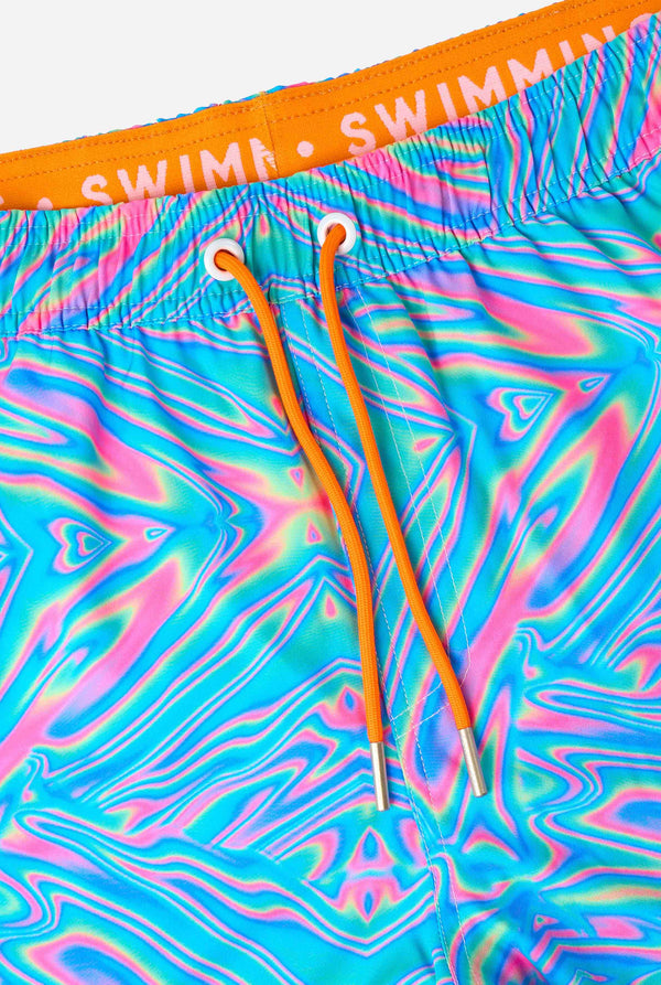 Men's vibrant holographic swim shorts with a mesmerizing blue, pink, and purple swirl design. Eye-catching and stylish swimwear for summer fun.