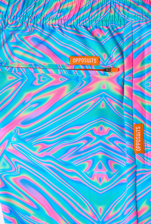 Men's vibrant holographic swim shorts with a mesmerizing blue, pink, and purple swirl design. Eye-catching and stylish swimwear for summer fun.