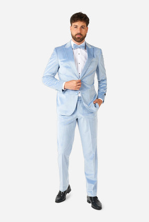 Man wearing blue velvet tuxedo