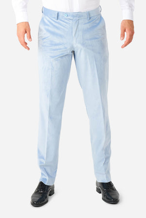 Man wearing blue velvet tuxedo, pants view