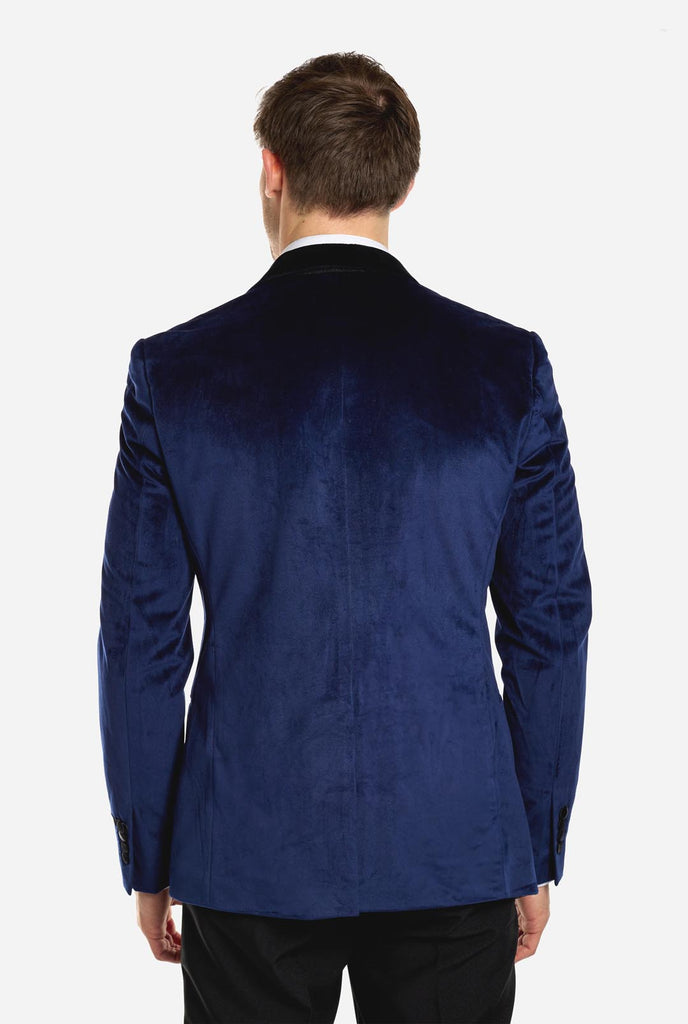 Man wearing navy blue dinner jacket blazer