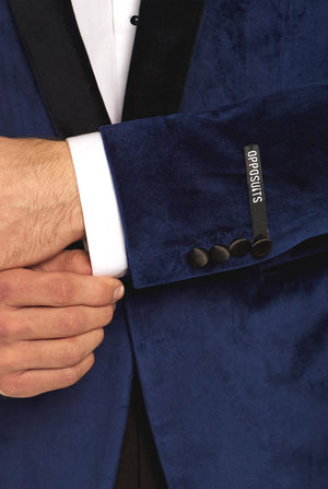 Man wearing navy blue dinner jacket blazer