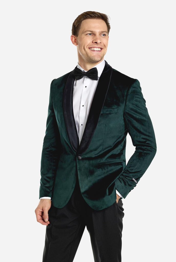 Man wearing dark green dinner jacket blazer