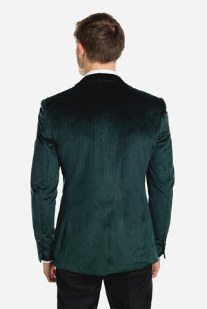 Man wearing dark green dinner jacket blazer, view from the back