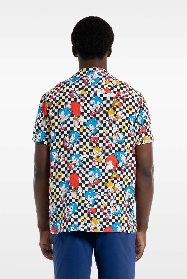 A man is wearing a black and white checkered Hawaiian shirt with characters from the Sonic the Hedgehog franchise and golden rings on it. View from the back.