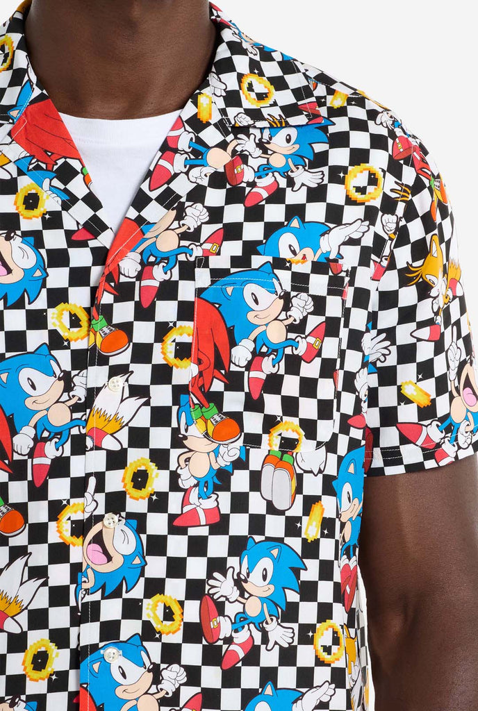 A man is wearing a black and white checkered Hawaiian shirt with characters from the Sonic the Hedgehog franchise and golden rings on it. Chest close up.