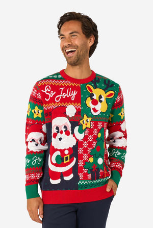 Man wearing a festive Christmas sweater with Santa Claus and reindeer design.