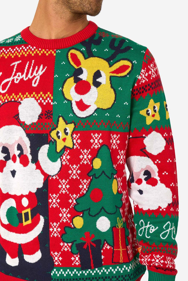 Colorful Christmas-themed sweater with Santa Claus, reindeer, and tree designs.