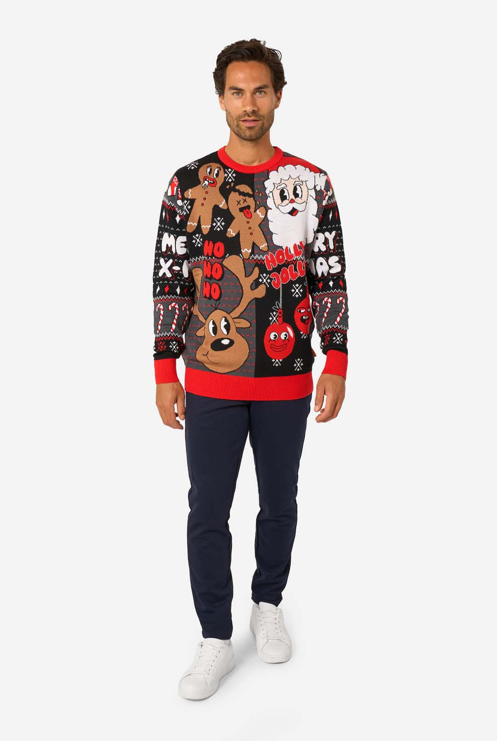 Man wearing a festive sweater with Christmas-themed designs on a white background
