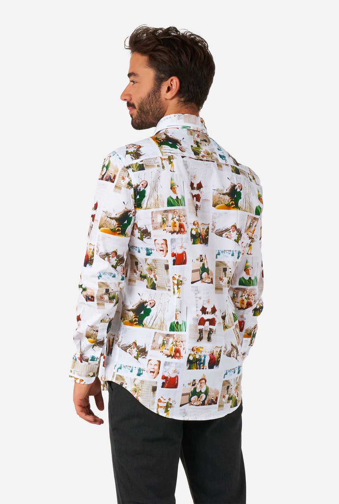 Man wearing Men's Christmas shirt with Elf print, view from the back