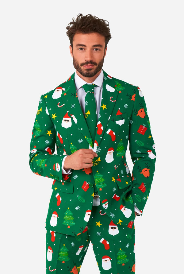 Man wearing green Christmas suits for men with Christmas icons