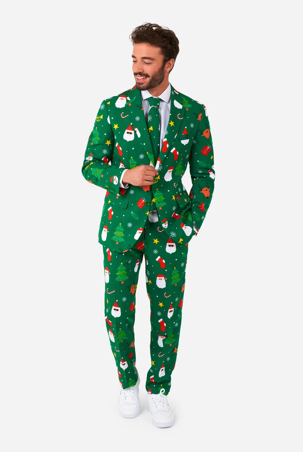 Man wearing green Christmas suits for men with Christmas icons