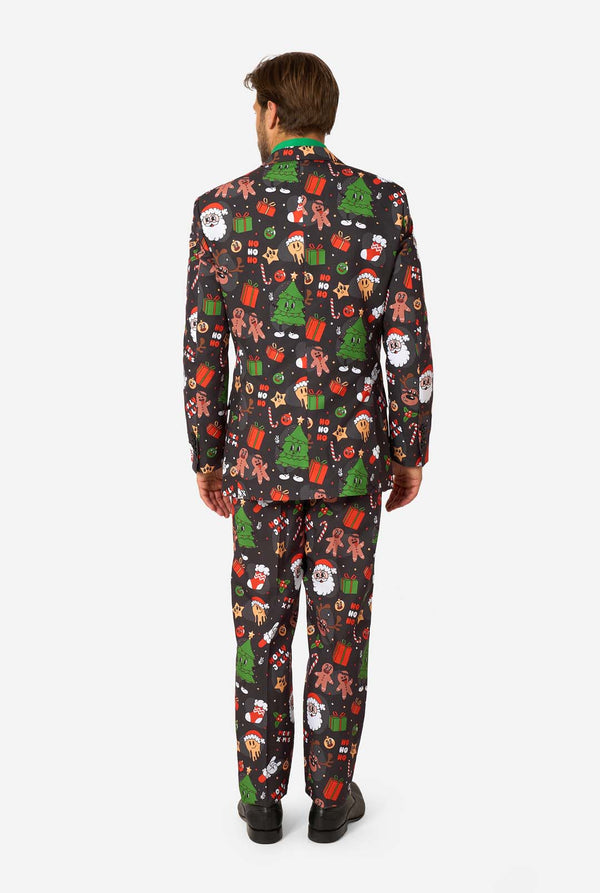 Person wearing a festive suit with Christmas-themed pattern on a white background