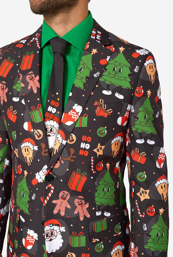 Christmas-themed suit jacket with colorful patterns on a plain background