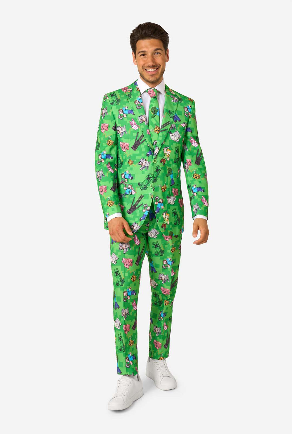 Man wearing a bright green Minecraft suit with iconic characters, including Creepers and Steve – full view from the front.
