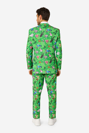 View of the back of the Minecraft suit, featuring the characters Steve, Alex, Creepers, and animals in pixelated style.