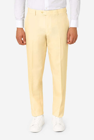 Elegant men's suit in a soft pastel yellow shade, perfect for weddings, summer events, and formal occasions. This stylish tailored suit features a slim fit design, notch lapels, and a matching tie for a sophisticated look. Ideal for modern gentlemen looking to make a statement with a light-colored pastel suit. Close-up pants.