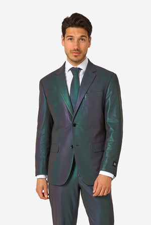 A man wearing a reflective suit, with a reflective tie and a white shirt on a white background. 