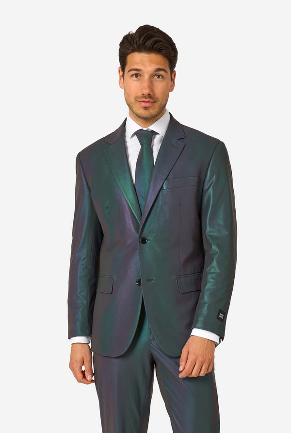 A man wearing a reflective suit, with a reflective tie and a white shirt on a white background. 