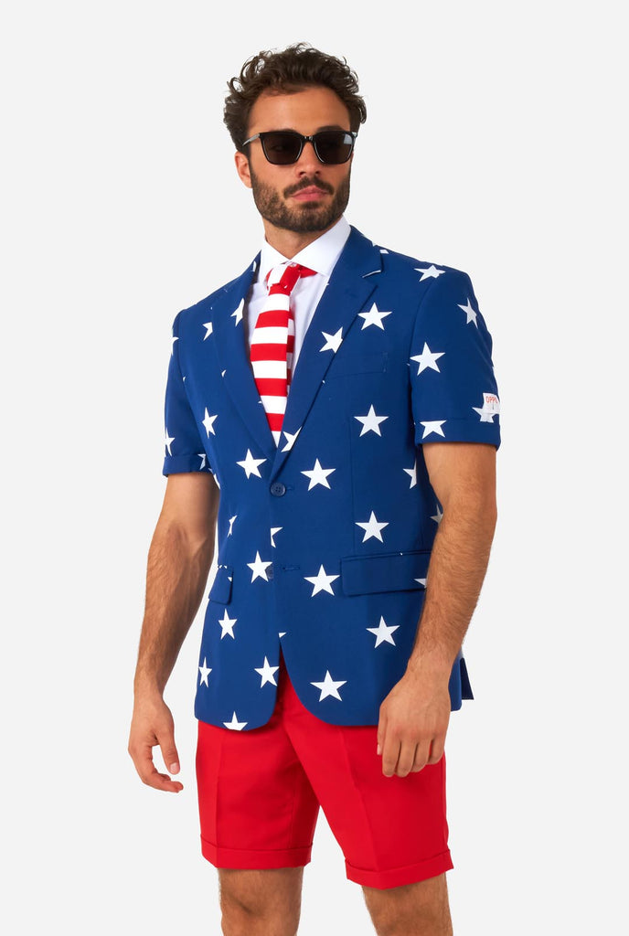 Man wearing American flag themed Summer suit