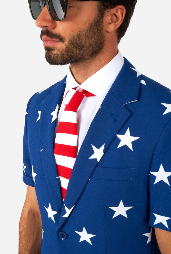 Man wearing American flag themed Summer suit