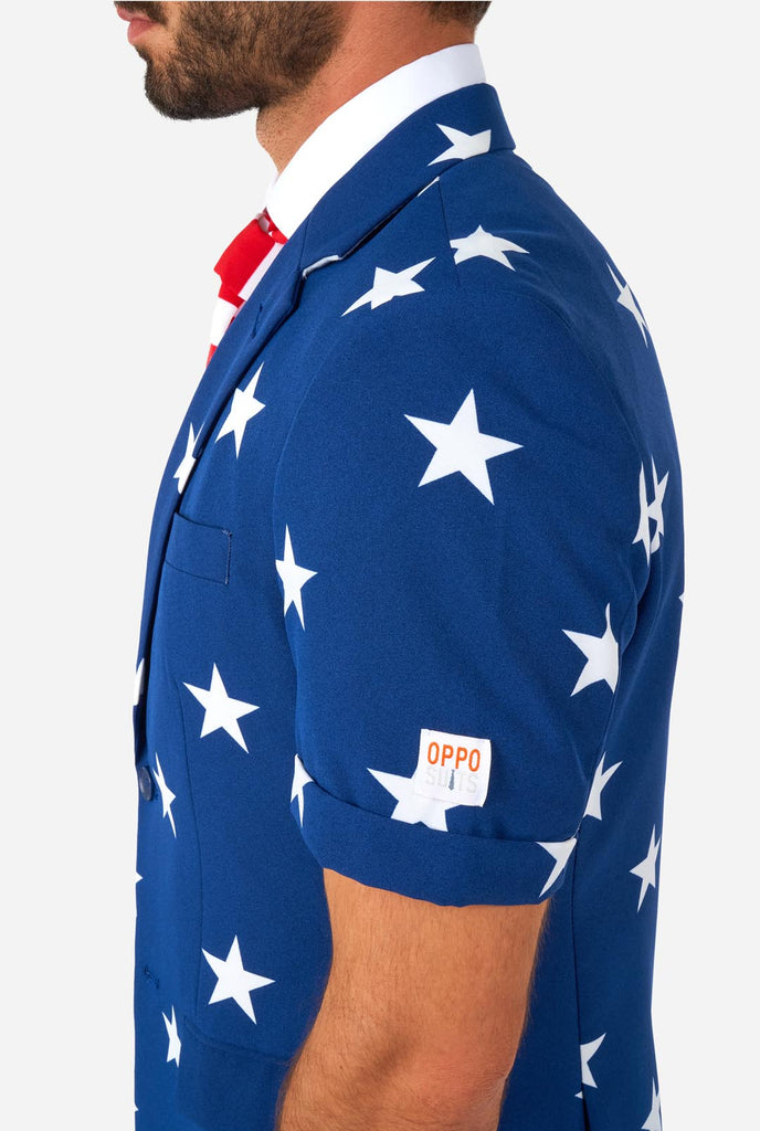 Man wearing American flag themed Summer suit