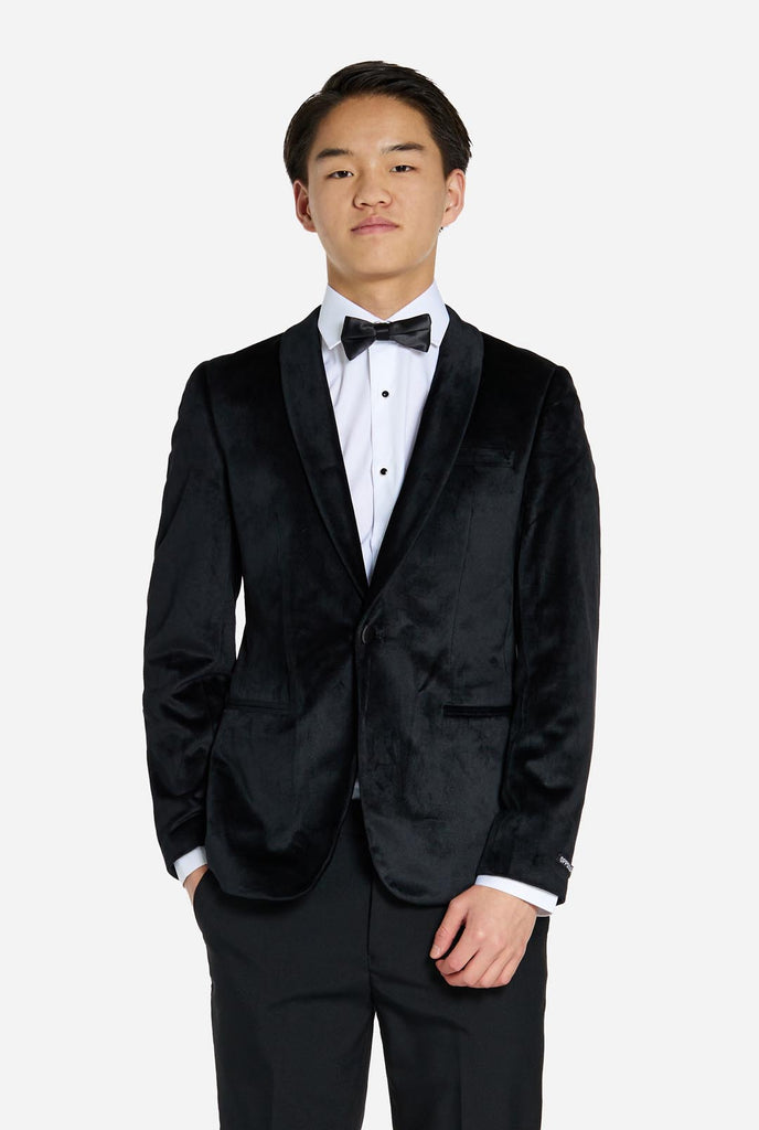 Teen wearing black velvet dinner jacket blazer for teen boys