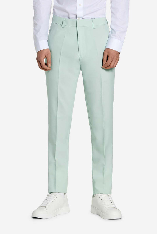 Teen wearing mint green teen boys suit, pants view.