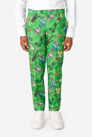 Teen boy wearing a bright green Minecraft suit with iconic characters, including Creepers and Steve – Close up of the pants