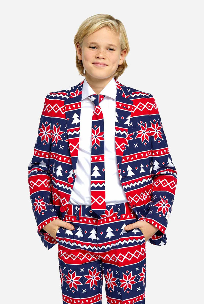 Teen wearing Christmas suit with Nordic print