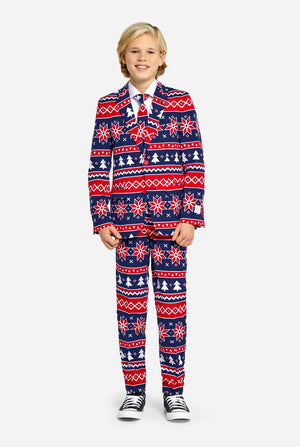 Teen wearing Christmas suit with Nordic print